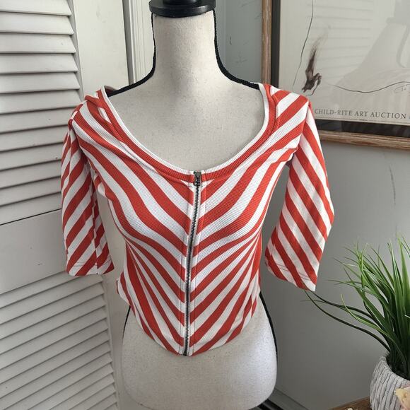 MAEVE ANTHROPOLOGIE Womens Top XXS Front Zip Scoop Neck Orange Striped Preppy - Picture 1 of 12